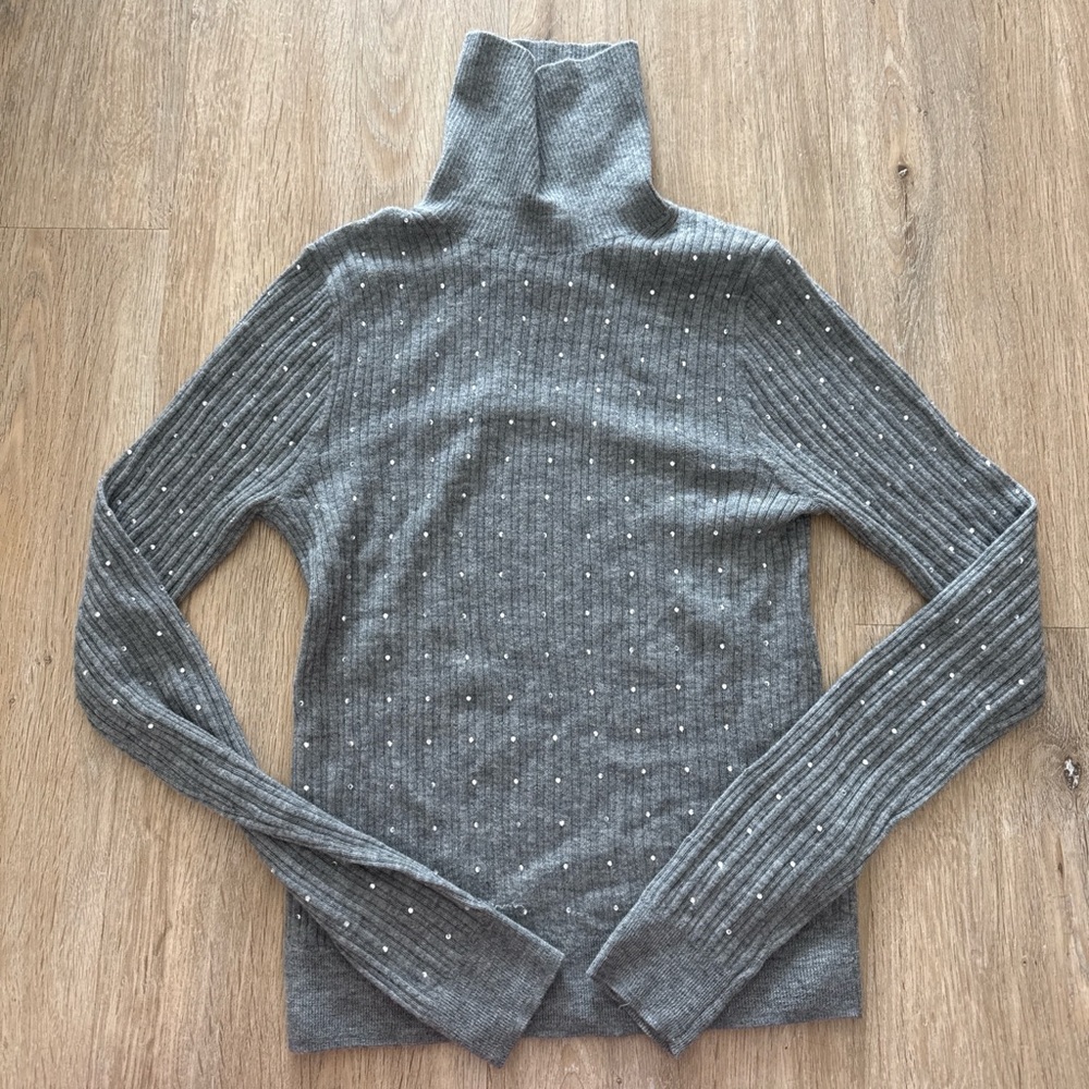 NWT J. Crew Grey Cashmere Turtleneck Sweater with Crystal Accents - Small